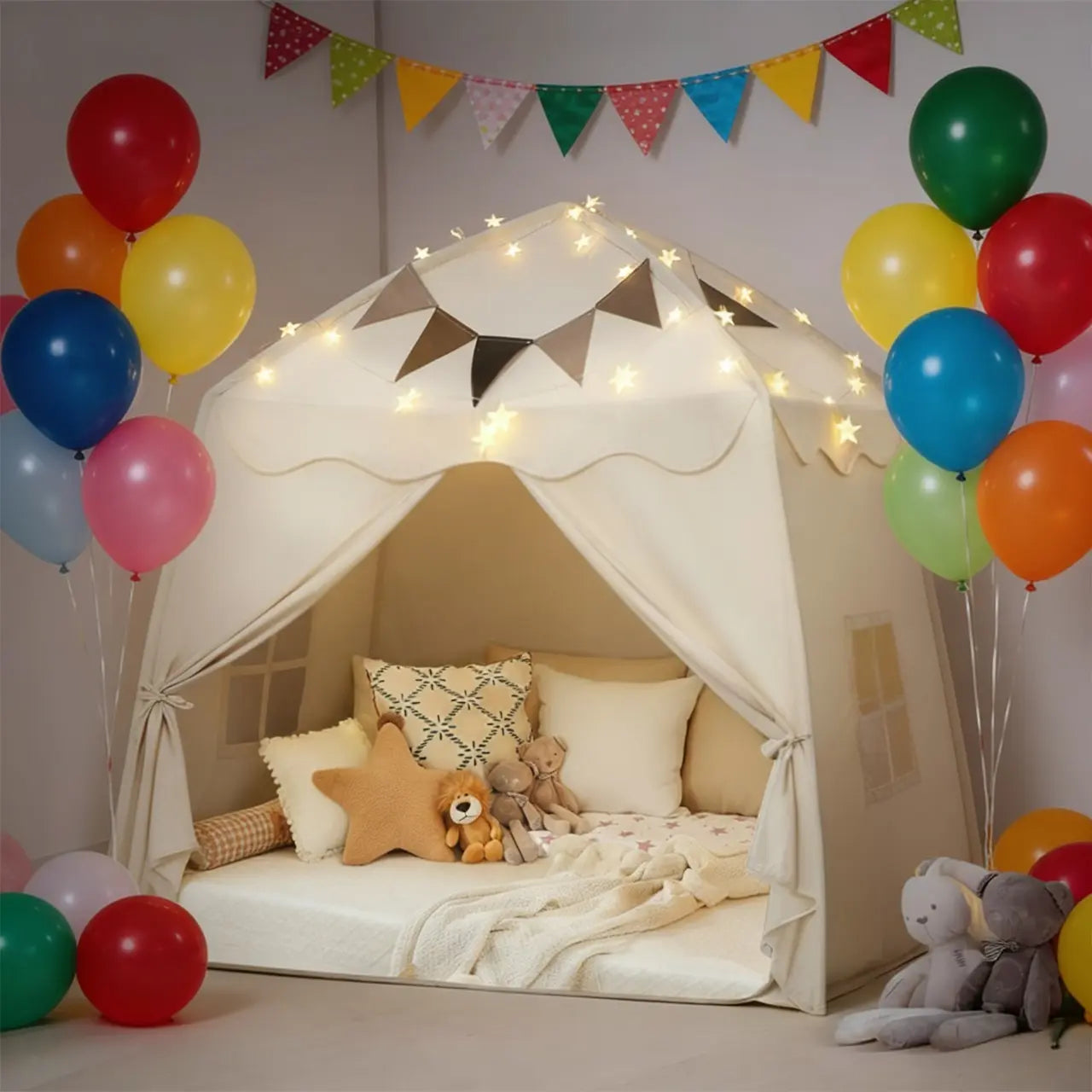 Kids Play Tent with Star Lights & Flags – Foldable Indoor Playhouse for Toddlers