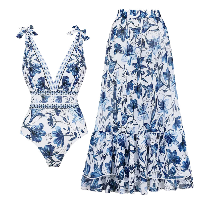 Printed One Piece Swimsuit with Matching Skirt