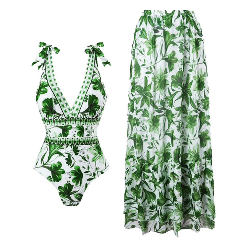 Printed One Piece Swimsuit with Matching Skirt