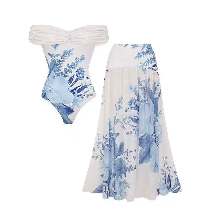 Printed One Piece Swimsuit with Matching Skirt