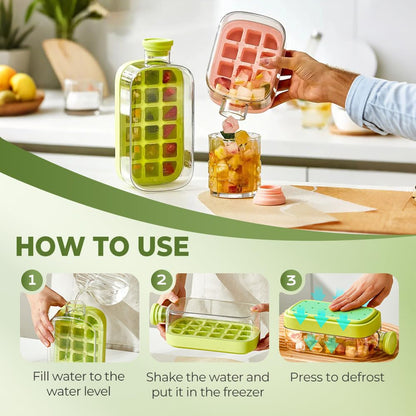 2-in-1 Ice Cube Bottle with Tray – Leakproof, Easy Press Ice Maker Cup