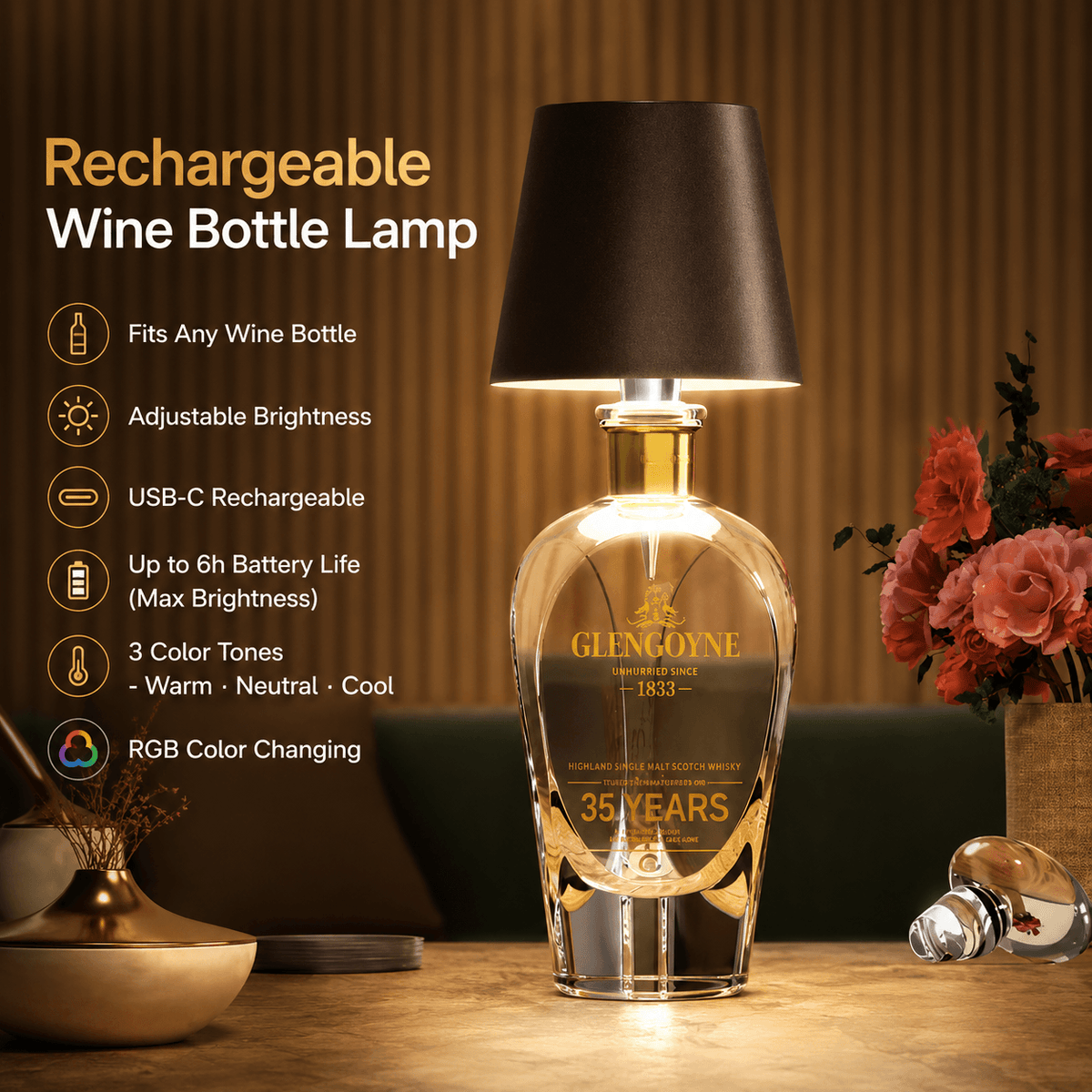 Rechargeable Wine Bottle Lamp – RGB Dimmable Table Light