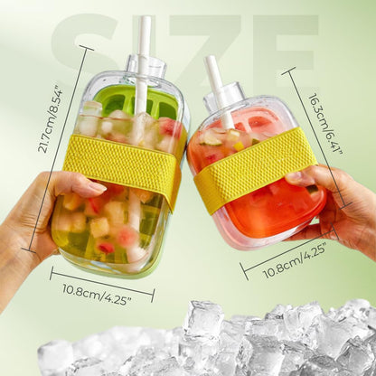 2-in-1 Ice Cube Bottle with Tray – Leakproof, Easy Press Ice Maker Cup