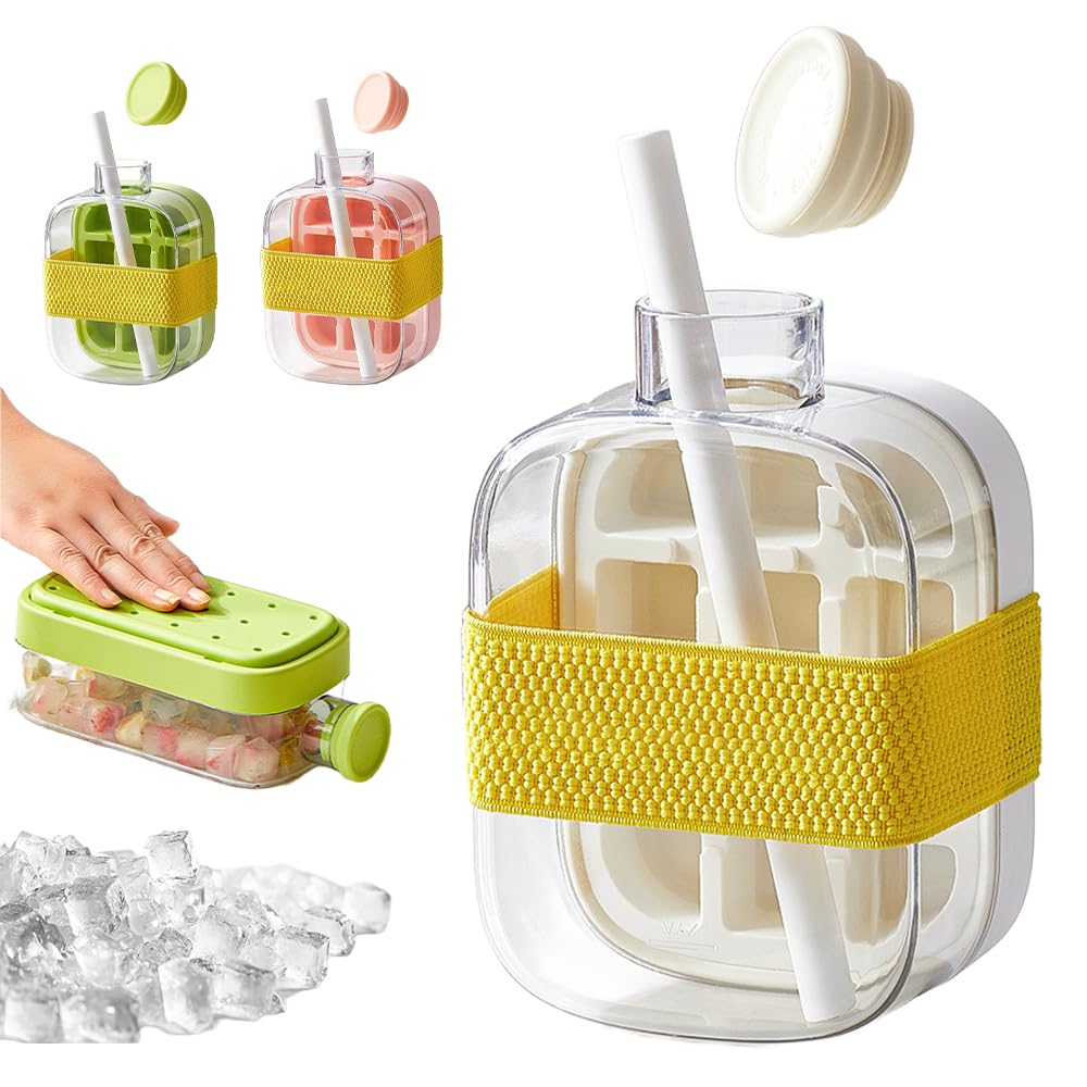 2-in-1 Ice Cube Bottle with Tray – Leakproof, Easy Press Ice Maker Cup