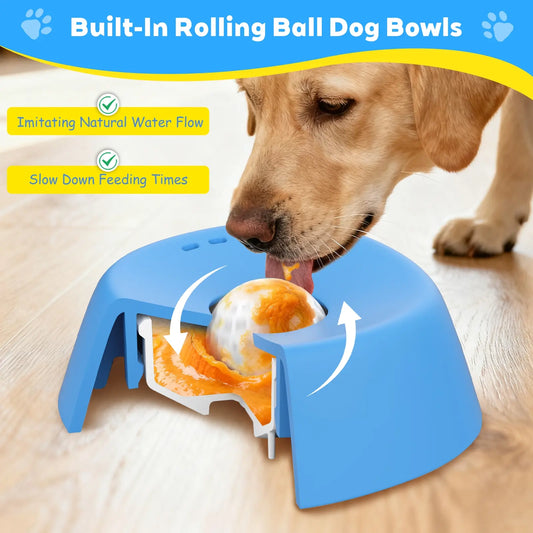 Slow Feeder Dog Bowl with Rolling Ball – No Spill Lick Bowl for Liquid Treats
