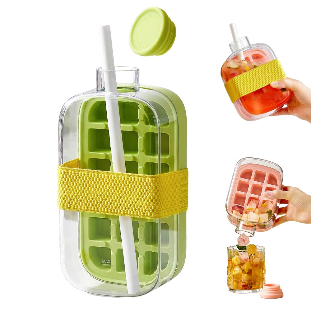 2-in-1 Ice Cube Bottle with Tray – Leakproof, Easy Press Ice Maker Cup