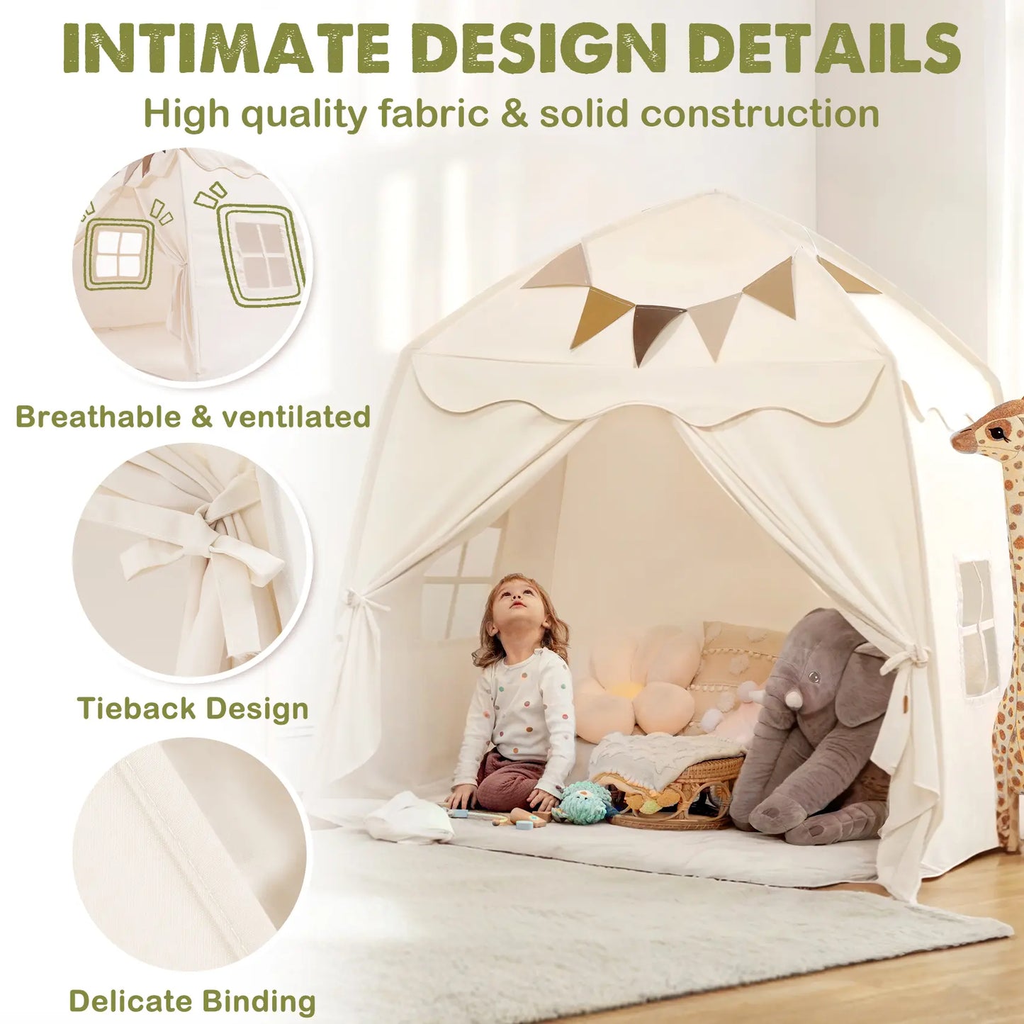 Kids Play Tent with Star Lights & Flags – Foldable Indoor Playhouse for Toddlers