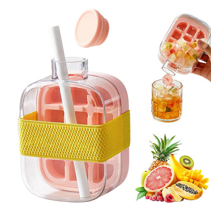 2-in-1 Ice Cube Bottle with Tray – Leakproof, Easy Press Ice Maker Cup