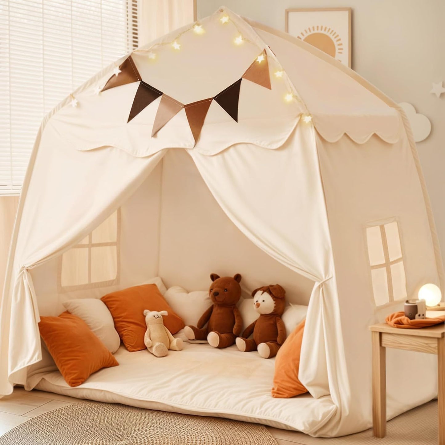 Kids Play Tent with Star Lights & Flags – Foldable Indoor Playhouse for Toddlers