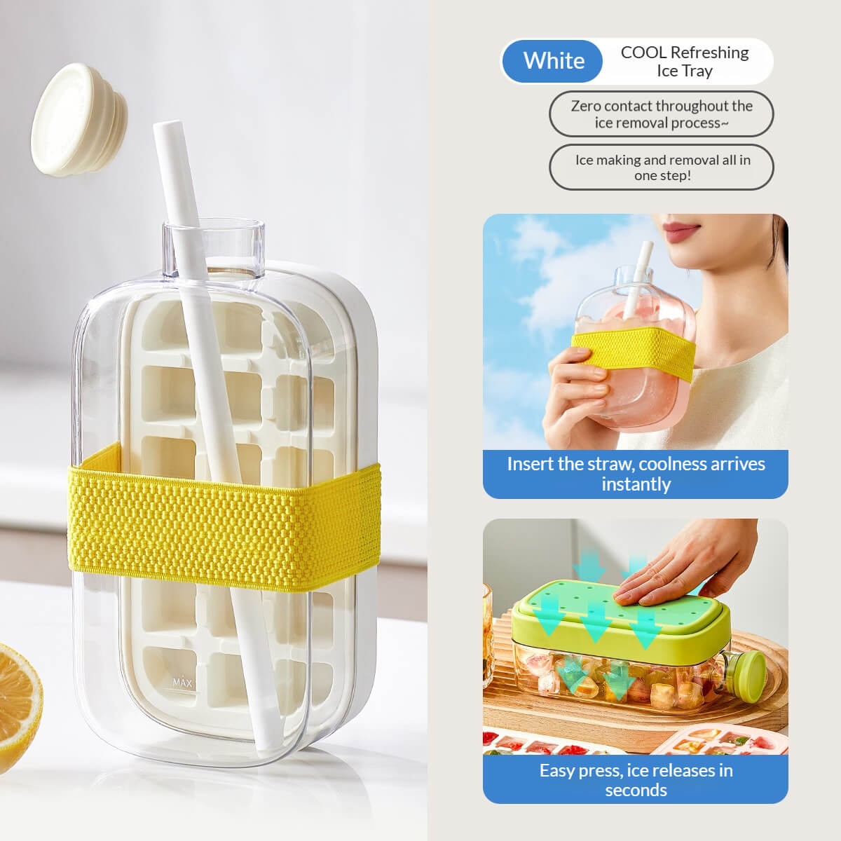 2-in-1 Ice Cube Bottle with Tray – Leakproof, Easy Press Ice Maker Cup