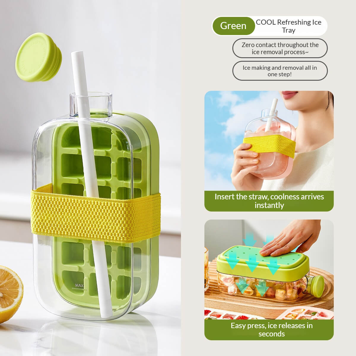 2-in-1 Ice Cube Bottle with Tray – Leakproof, Easy Press Ice Maker Cup