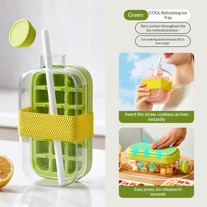 2-in-1 Ice Cube Bottle with Tray – Leakproof, Easy Press Ice Maker Cup
