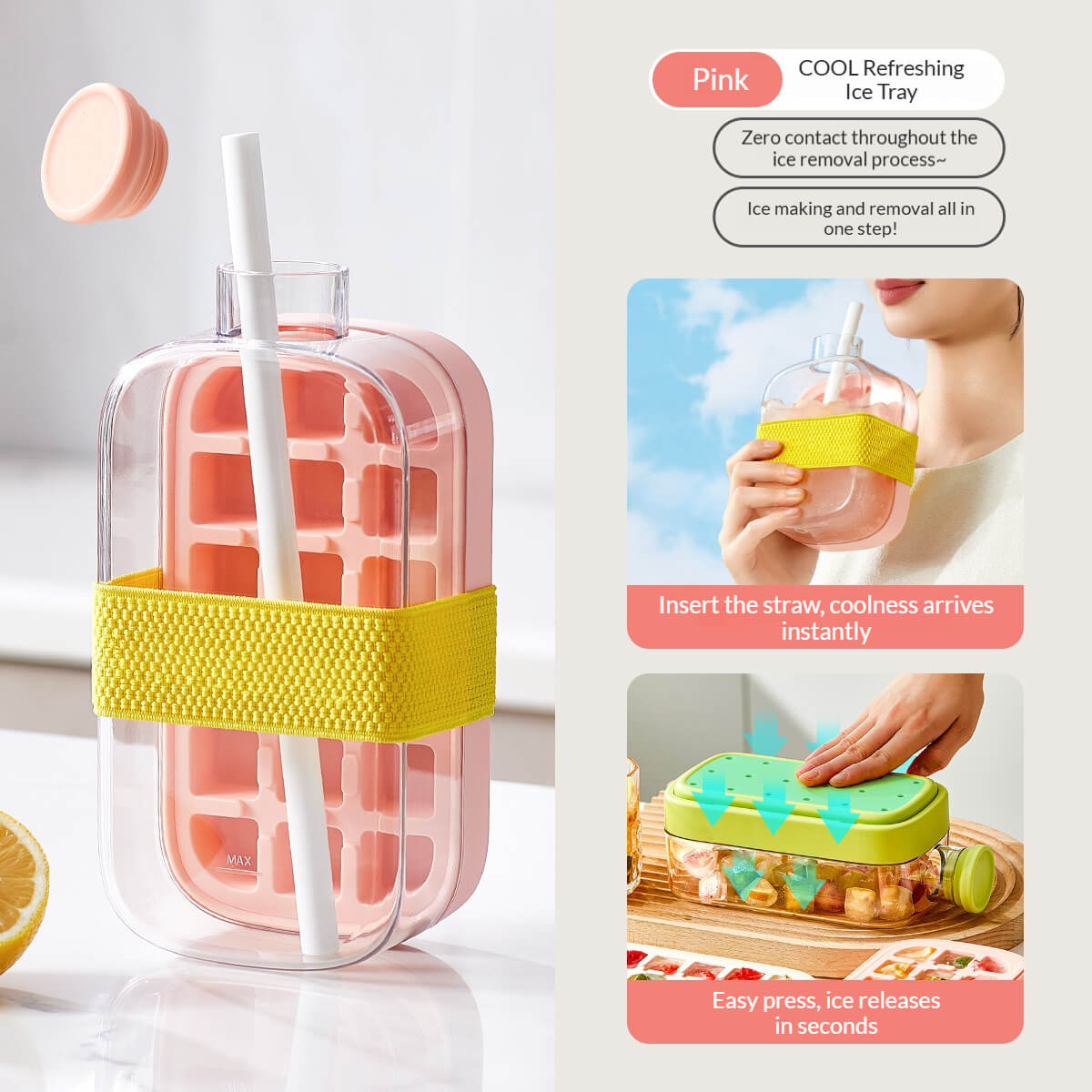 2-in-1 Ice Cube Bottle with Tray – Leakproof, Easy Press Ice Maker Cup