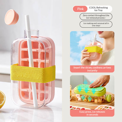 2-in-1 Ice Cube Bottle with Tray – Leakproof, Easy Press Ice Maker Cup