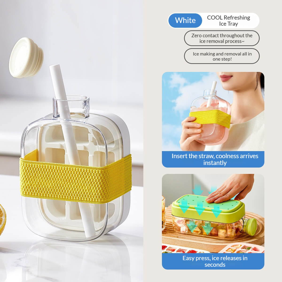 2-in-1 Ice Cube Bottle with Tray – Leakproof, Easy Press Ice Maker Cup