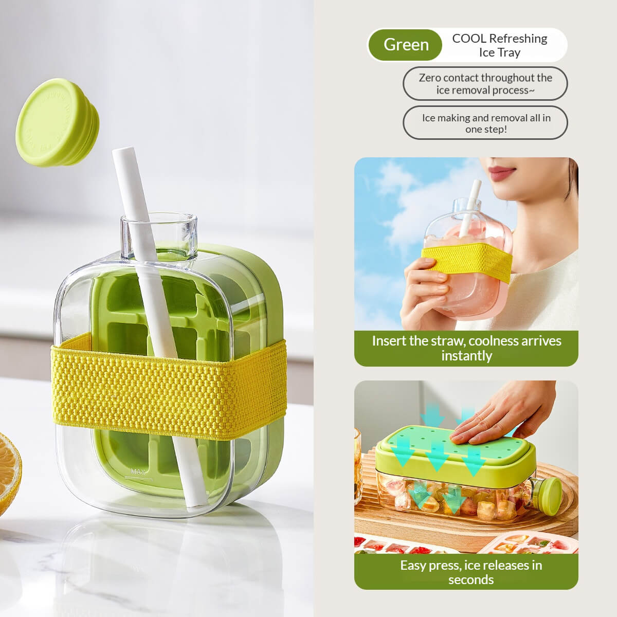 2-in-1 Ice Cube Bottle with Tray – Leakproof, Easy Press Ice Maker Cup