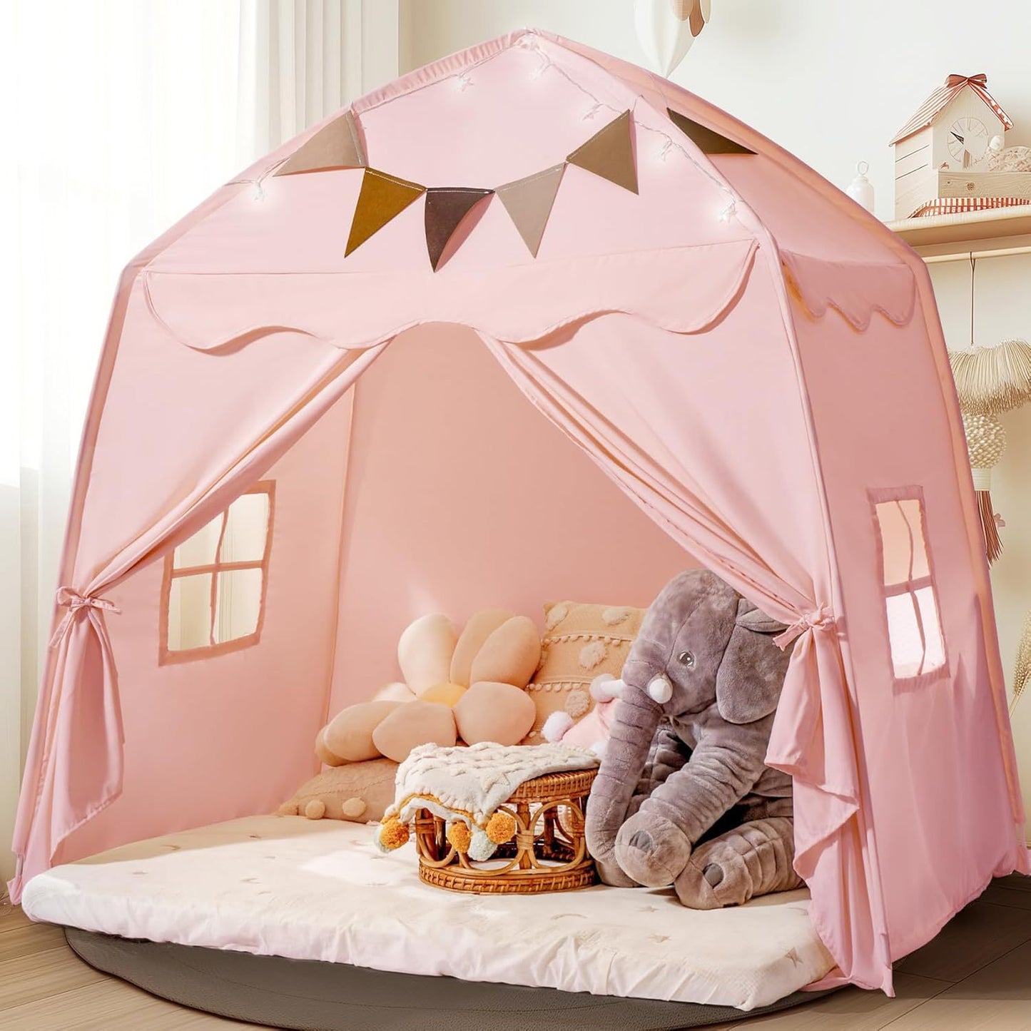 Kids Play Tent with Star Lights & Flags – Foldable Indoor Playhouse for Toddlers