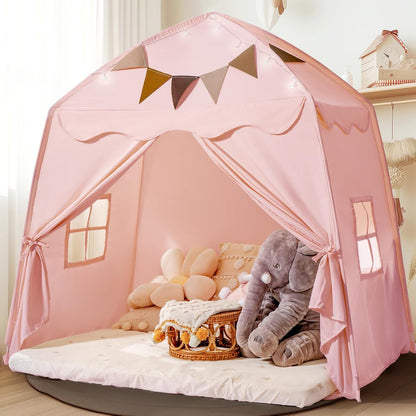 Kids Play Tent with Star Lights & Flags – Foldable Indoor Playhouse for Toddlers