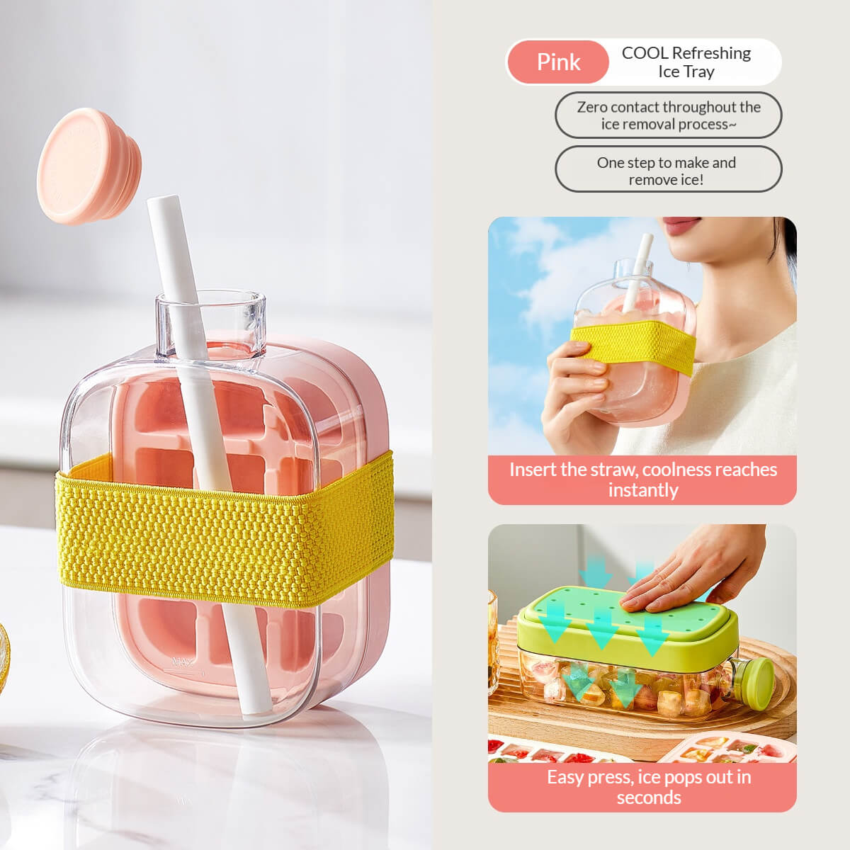 2-in-1 Ice Cube Bottle with Tray – Leakproof, Easy Press Ice Maker Cup