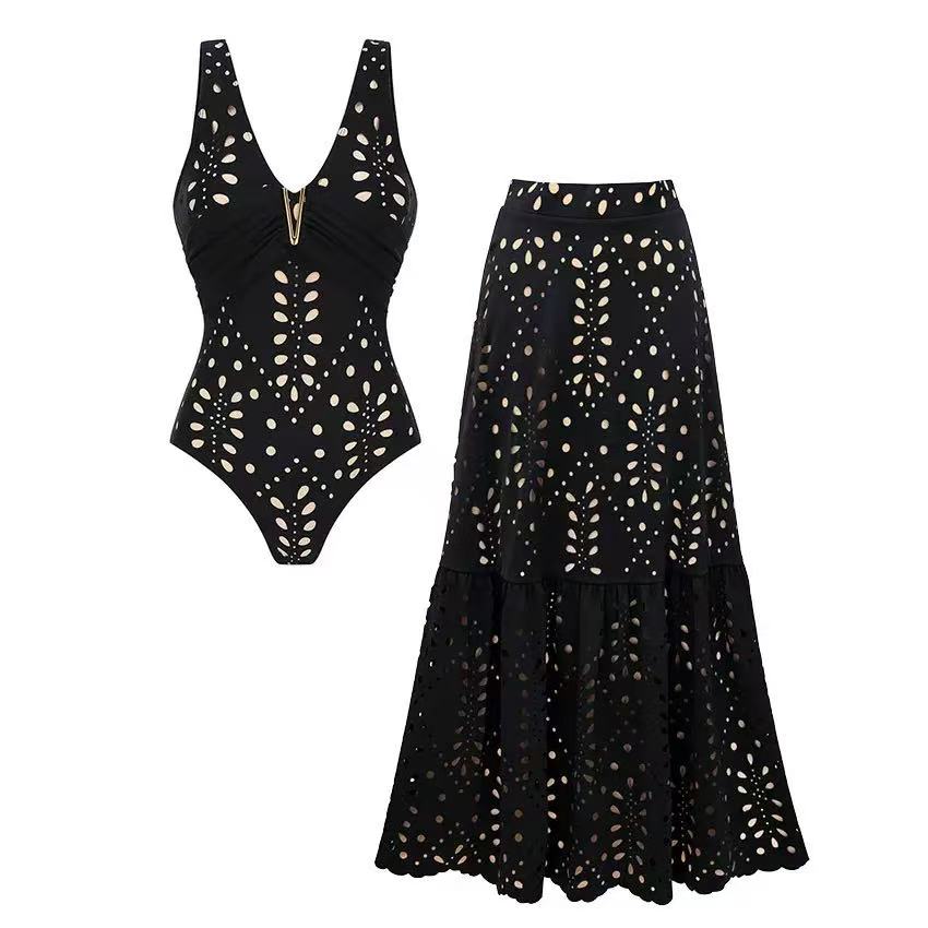 Printed One Piece Swimsuit with Matching Skirt