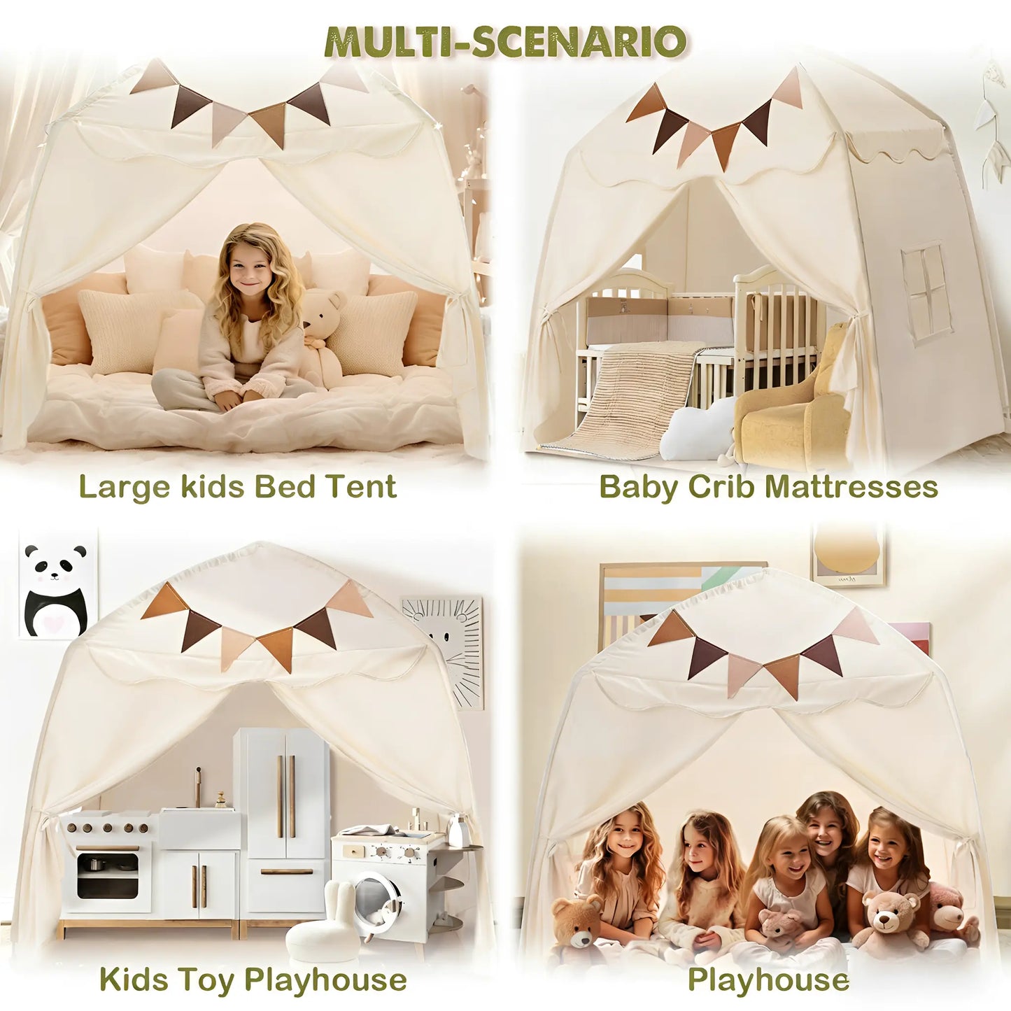 Kids Play Tent with Star Lights & Flags – Foldable Indoor Playhouse for Toddlers