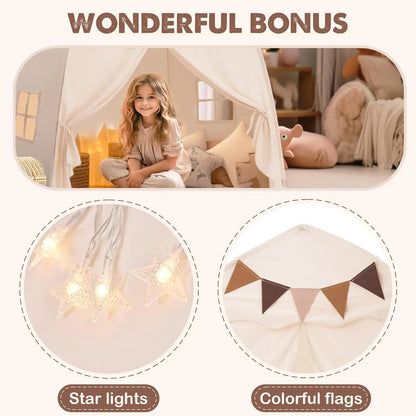Kids Play Tent with Star Lights & Flags – Foldable Indoor Playhouse for Toddlers