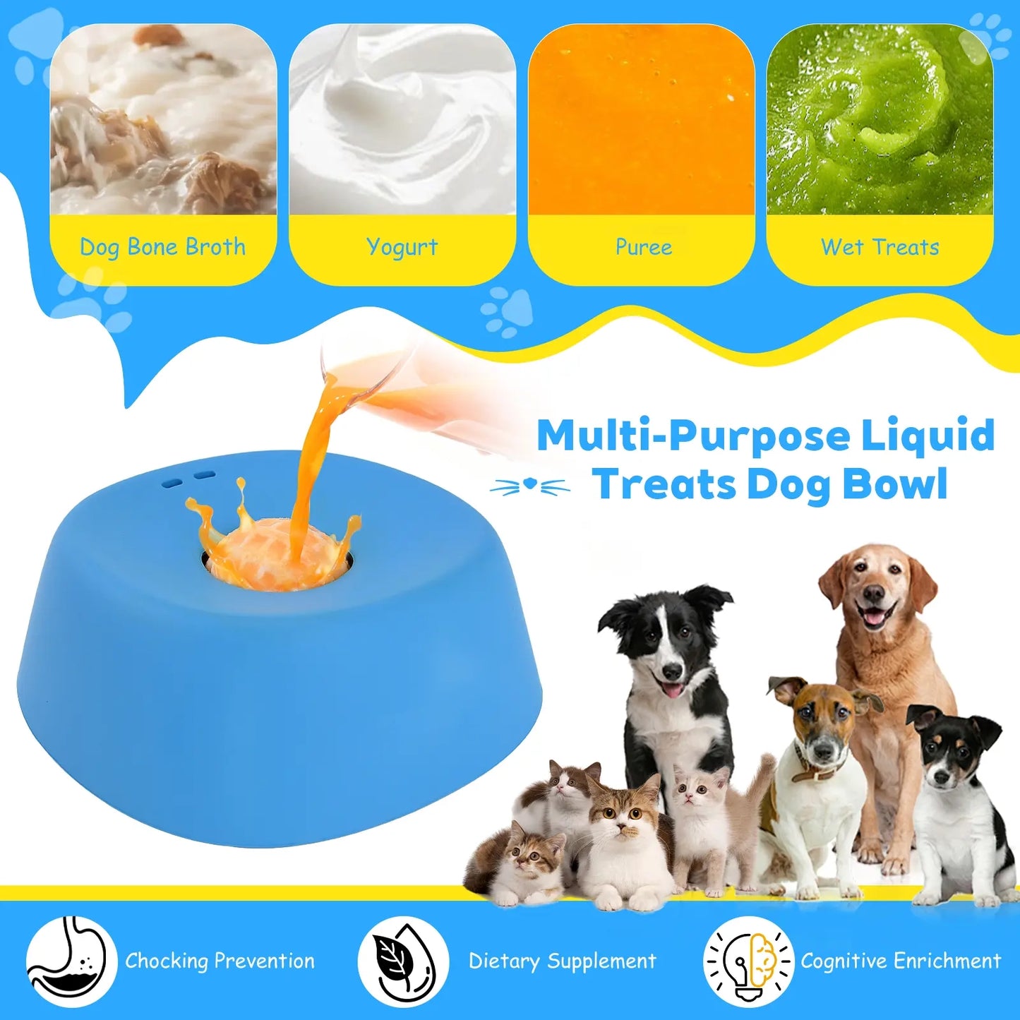 Slow Feeder Dog Bowl with Rolling Ball – No Spill Lick Bowl for Liquid Treats